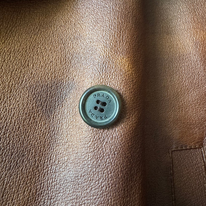 Prada 2000’s Double Breasted Patina Leather Overcoat Jacket