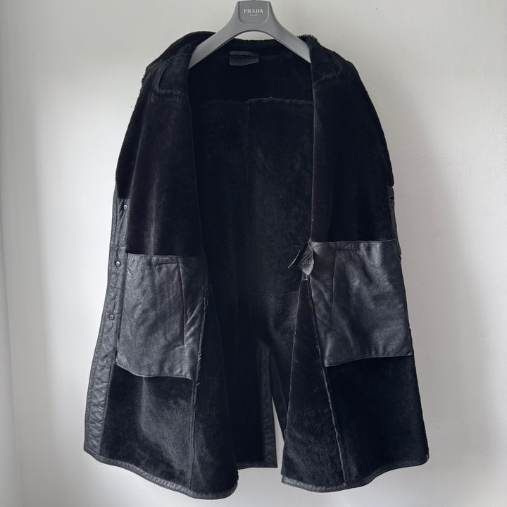 Prada FW2002 Black Long Shearling Leather Coat