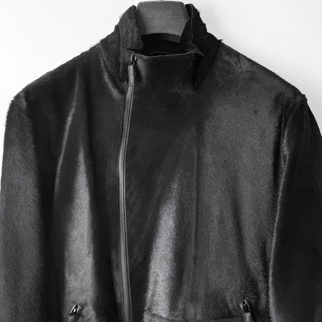 Emporio Armani AW2012 Black ”Pony Hair” Asymmetrical 2-Zip Calf Leather Jacket
