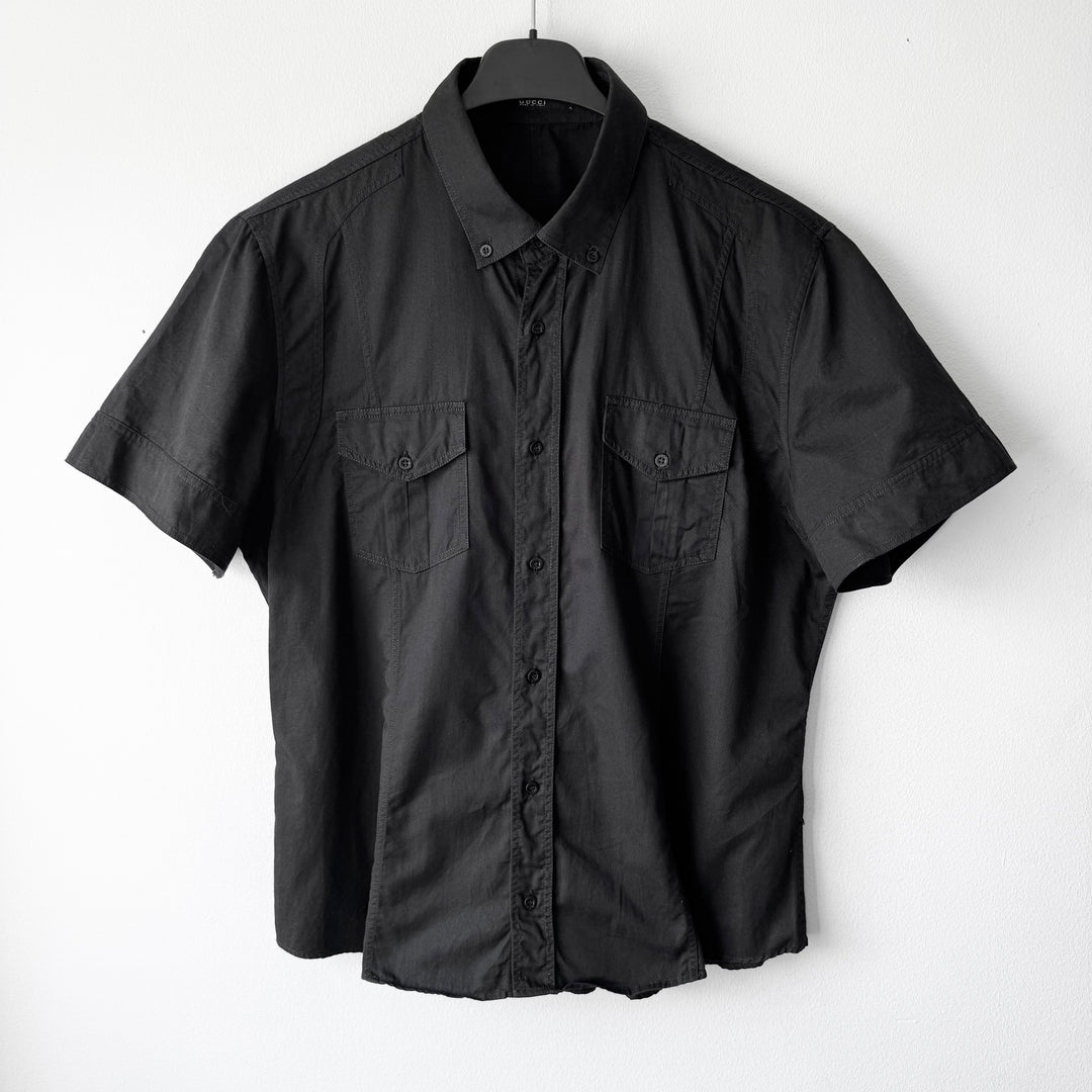 Gucci 2000’s Black Cotton Military Short Sleeve Button-Up Shirt