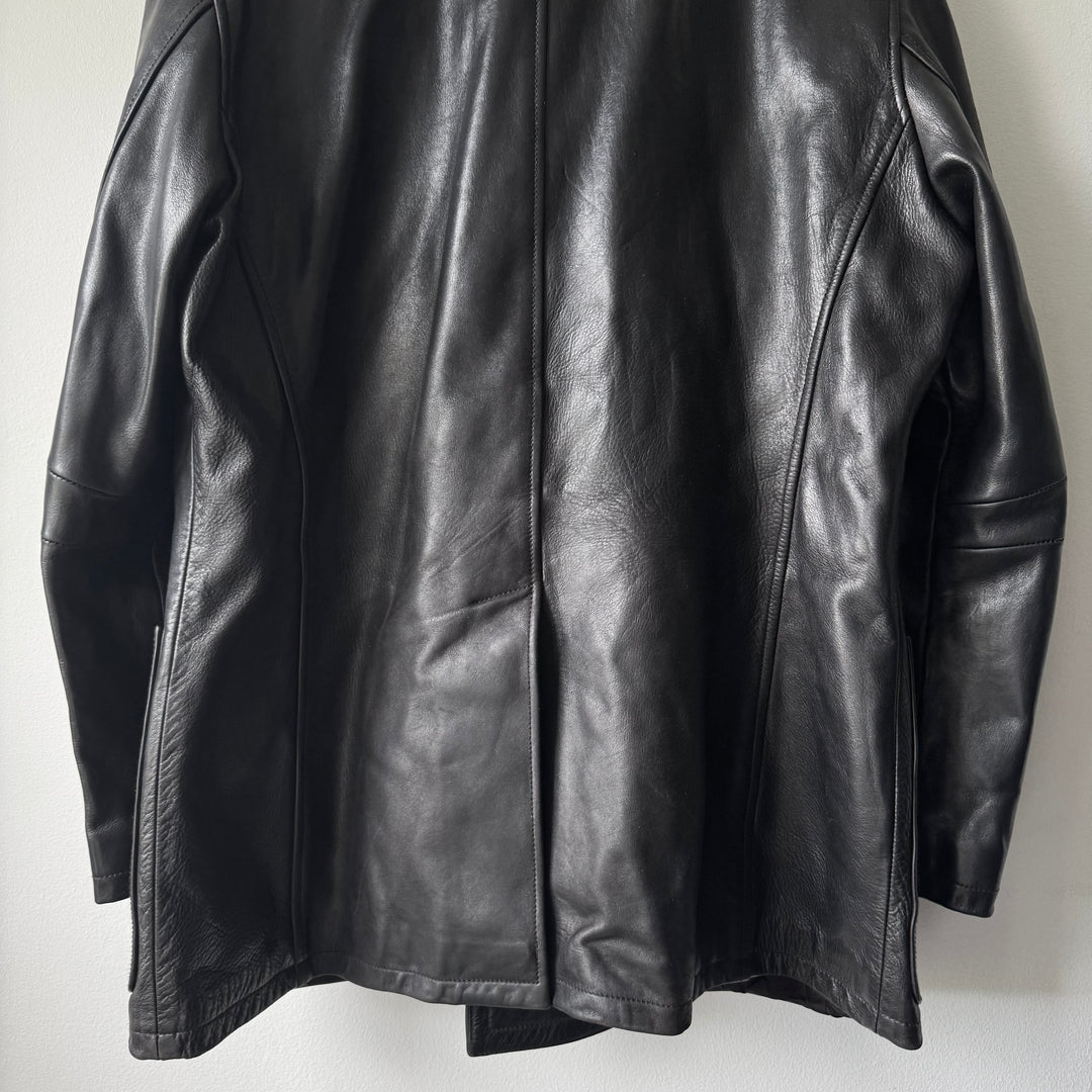 Prada 1990's Black Calf Leather 4-Pocket Double Breasted Peacoat Jacket
