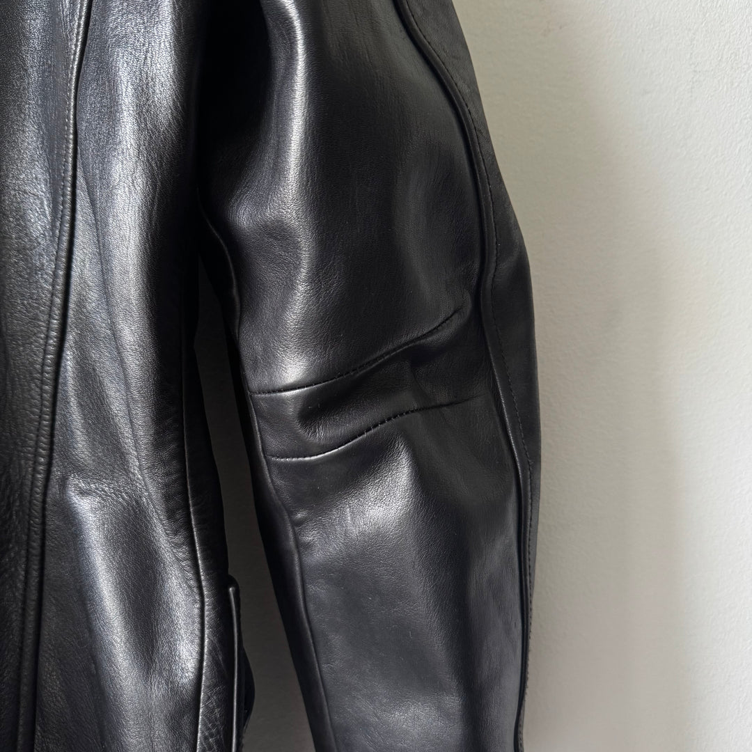 Prada 1990's Black Calf Leather 4-Pocket Double Breasted Peacoat Jacket