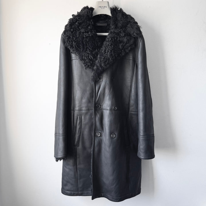Prada FW2007 Black Double Breasted Long Sheep Shearling Leather Coat