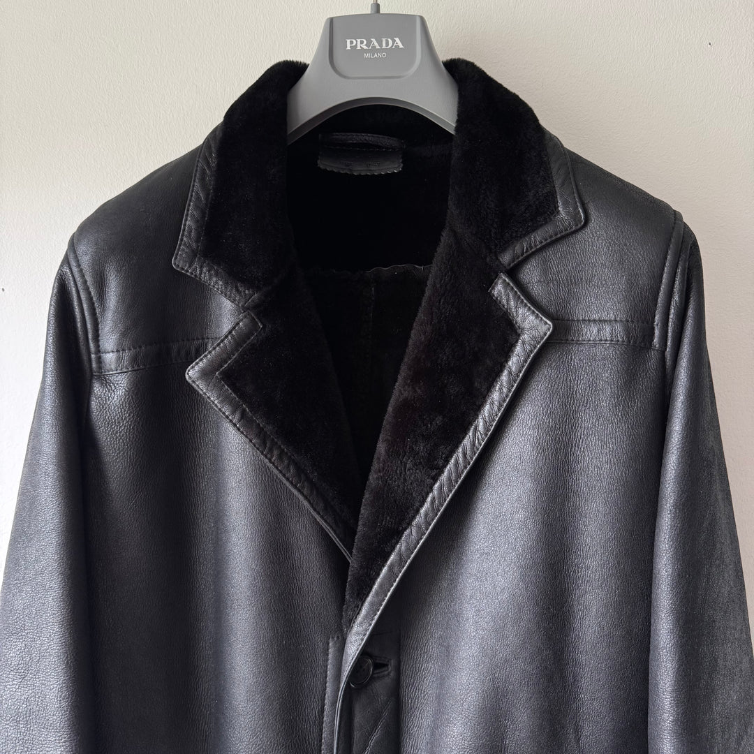 Prada FW2002 Black Long Shearling Leather Coat