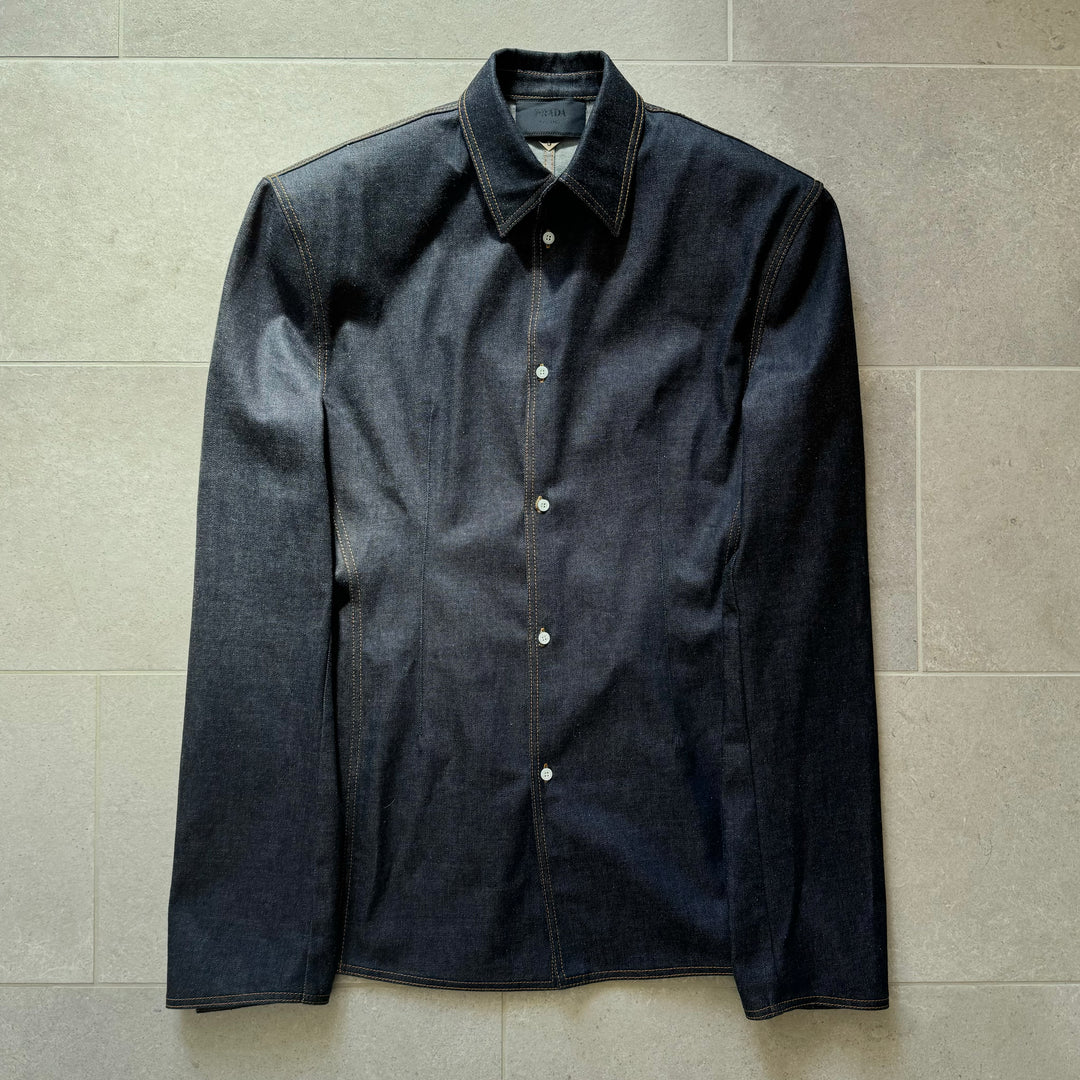 Prada SS24 Runway Padded Shoulder Indigo Logo Denim Jacket