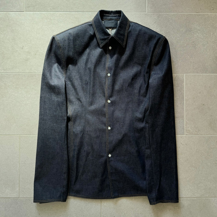 Prada SS24 Runway Padded Shoulder Indigo Logo Denim Jacket