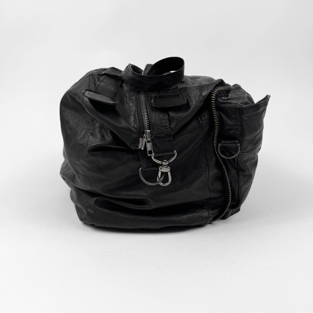 Ann Demeulemeester 2000’s Black Leather Multi-Zip Compartment Crossbody Duffle Bag