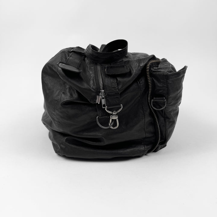 Ann Demeulemeester 2000’s Black Leather Multi-Zip Compartment Crossbody Duffle Bag