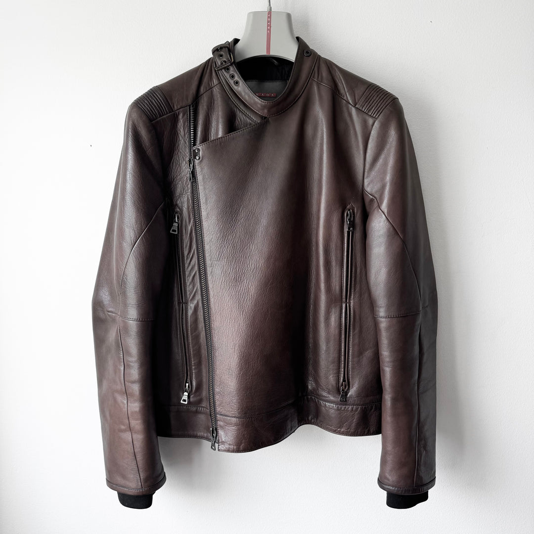 Prada Linea Rossa 2000’s Brown Moto Biker Leather Jacket