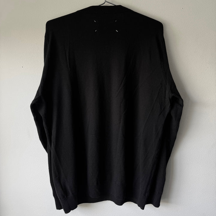 AW2015 Maison Margiela Black Cotton V-Neck Pullover Elbow Patch Knit Sweater