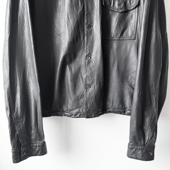 Prada 2000's Black Lamb Leather 1-Pocket Cropped Overshirt Jacket