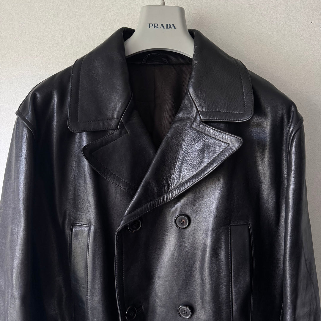 Prada 1990's Black Calf Leather 4-Pocket Double Breasted Peacoat Jacket