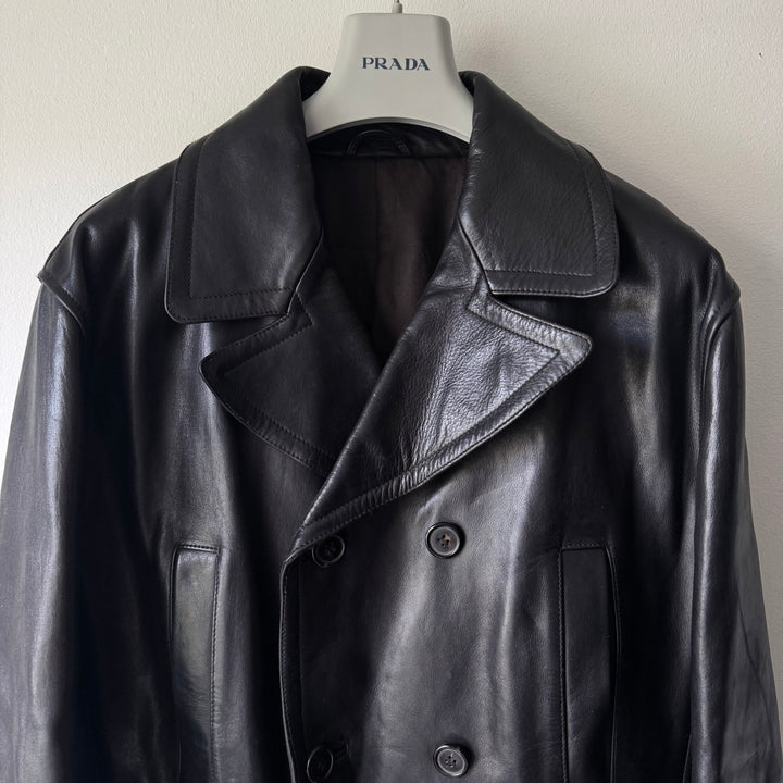 Prada 1990's Black Calf Leather 4-Pocket Double Breasted Peacoat Jacket