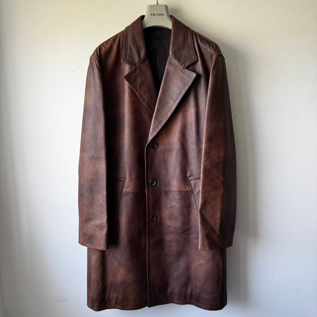 Prada 2000’s Brown Patina Leather Long Overcoat Jacket