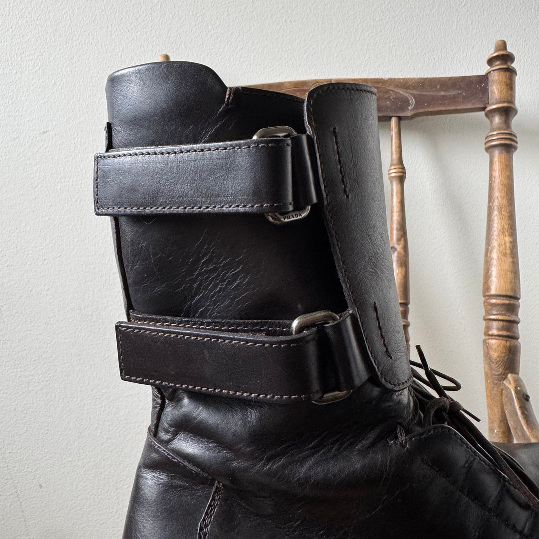 Prada FW1999 Brown Army/Military Velcro Strap Leather Boots