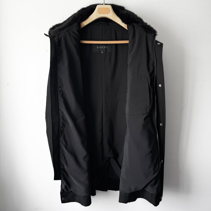 Gucci By Tom Ford FW1999 Black Wool Fur Collar High Neck Coat