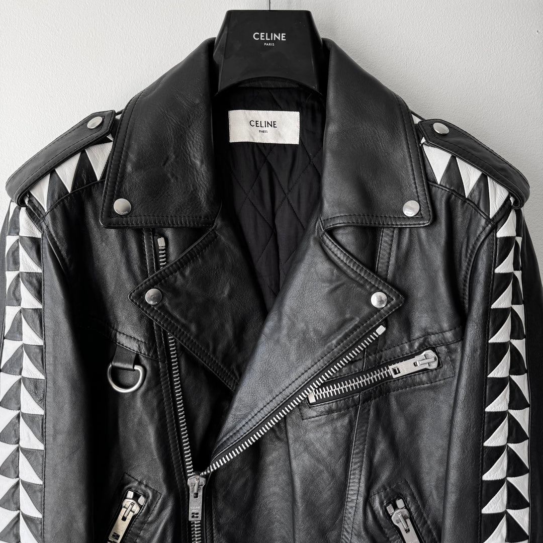 Celine SS2022 Black/White Checkered Calf Leather D-Ring Perfecto Biker Jacket
