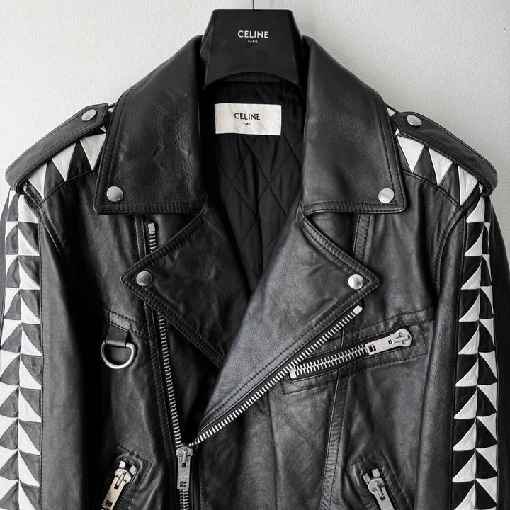 Celine SS2022 Black/White Checkered Calf Leather D-Ring Perfecto Biker Jacket