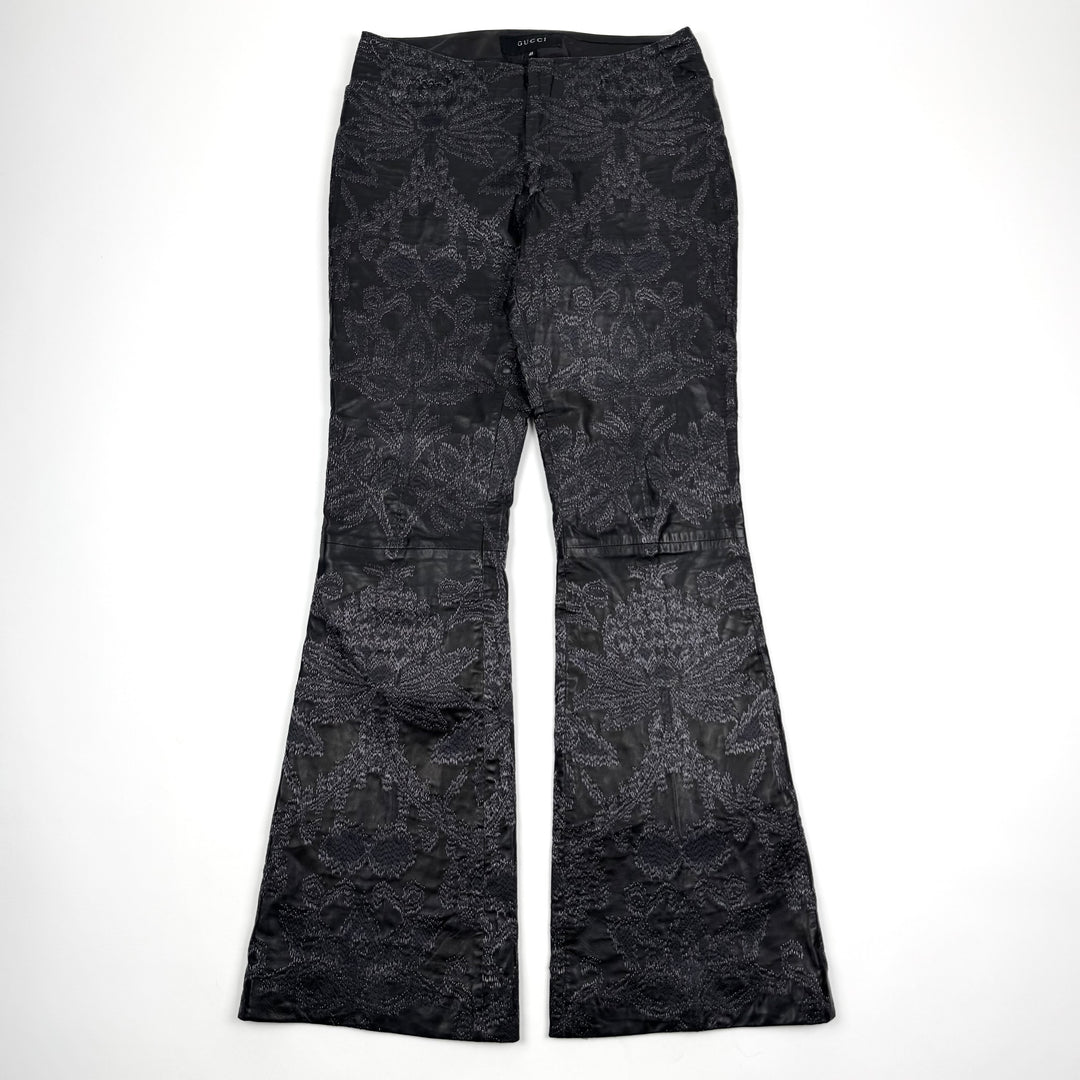 Gucci By Tom Ford SS2000 Black Embroidered Flared Bootcut Leather Pants