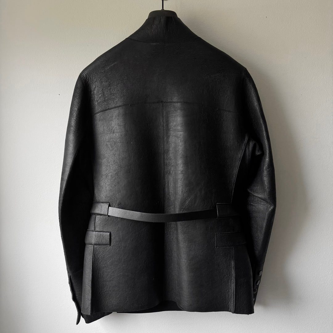 Rick Owens FW2010 Black Neoprene Padded Blistered Lamb Leather Belted Jacket Coat