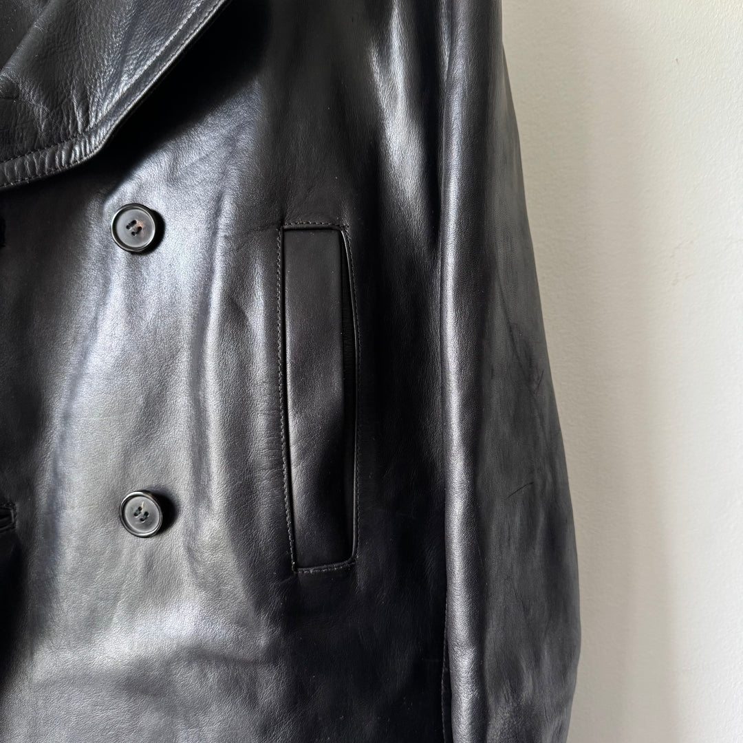 Prada 1990's Black Calf Leather 4-Pocket Double Breasted Peacoat Jacket