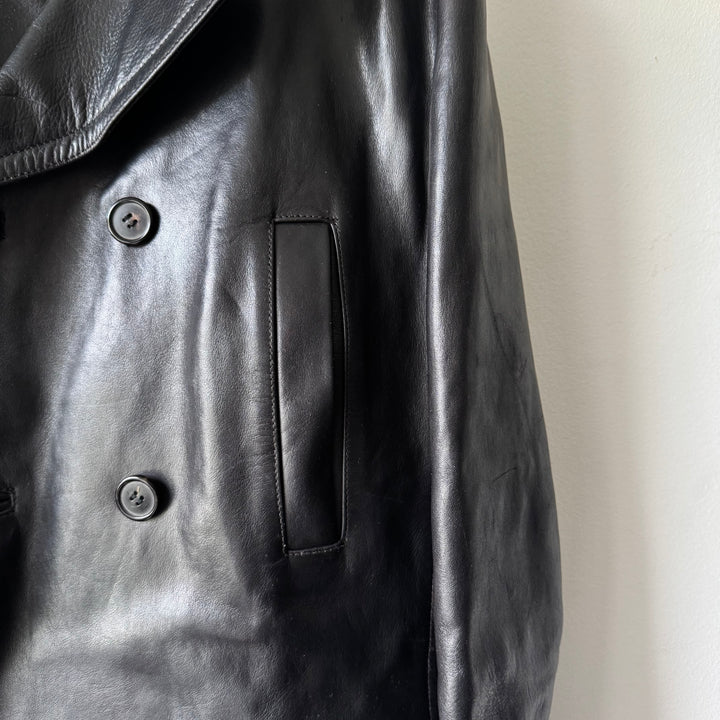 Prada 1990's Black Calf Leather 4-Pocket Double Breasted Peacoat Jacket