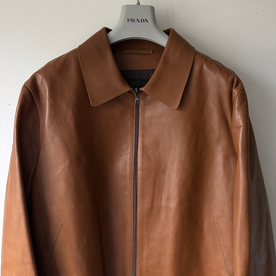 Prada FW2000 Tan Brown Insulated Calf Leather Zip-Up Blouson Jacket