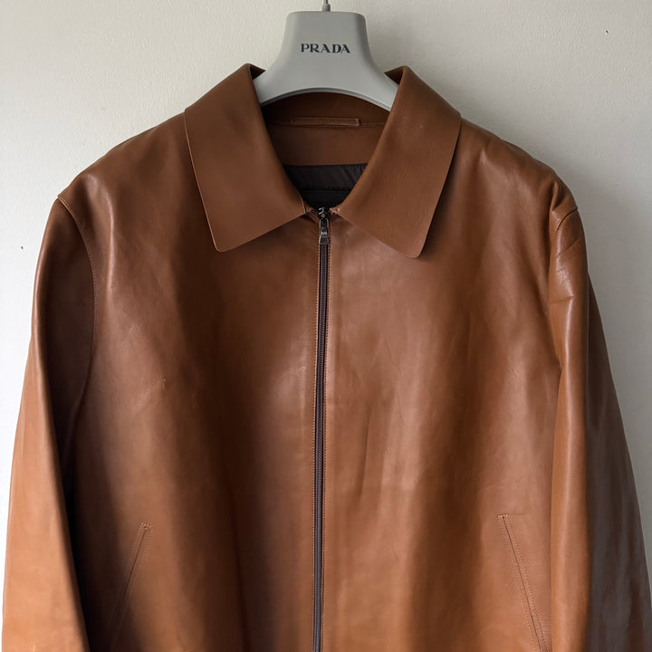 Prada FW2000 Tan Brown Insulated Calf Leather Zip-Up Blouson Jacket