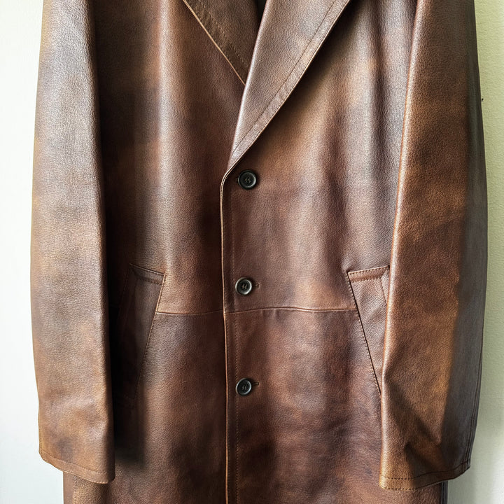 Prada 2000’s Brown Patina Leather Long Overcoat Jacket