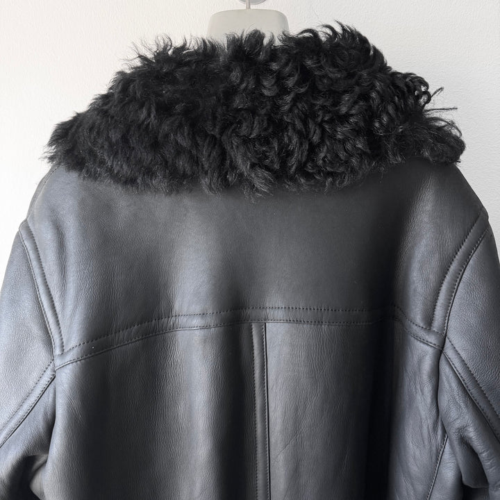 Prada FW2007 Black Double Breasted Long Sheep Shearling Leather Coat