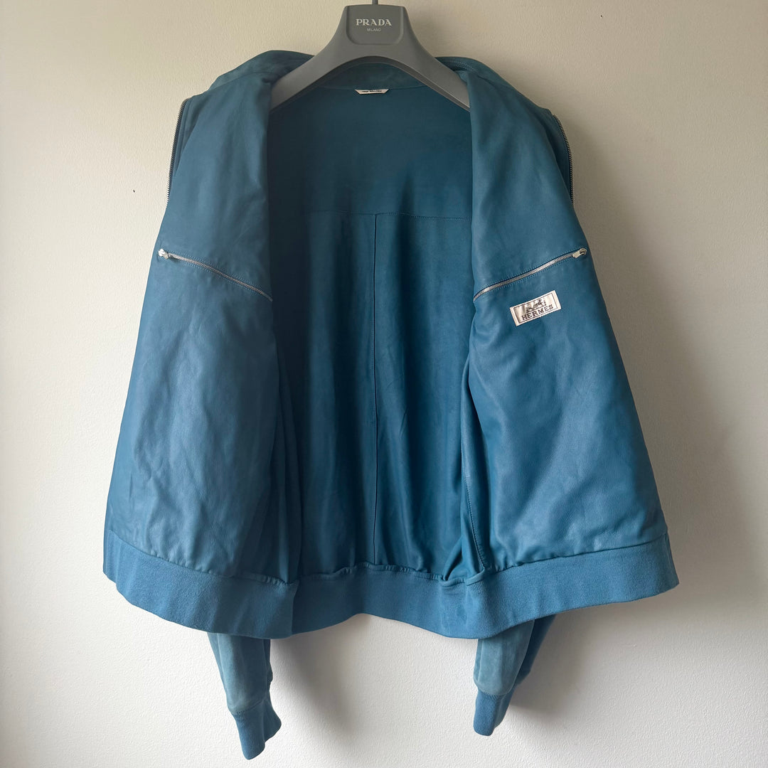 Hermes Blue Nubuck Leather Bomber Jacket