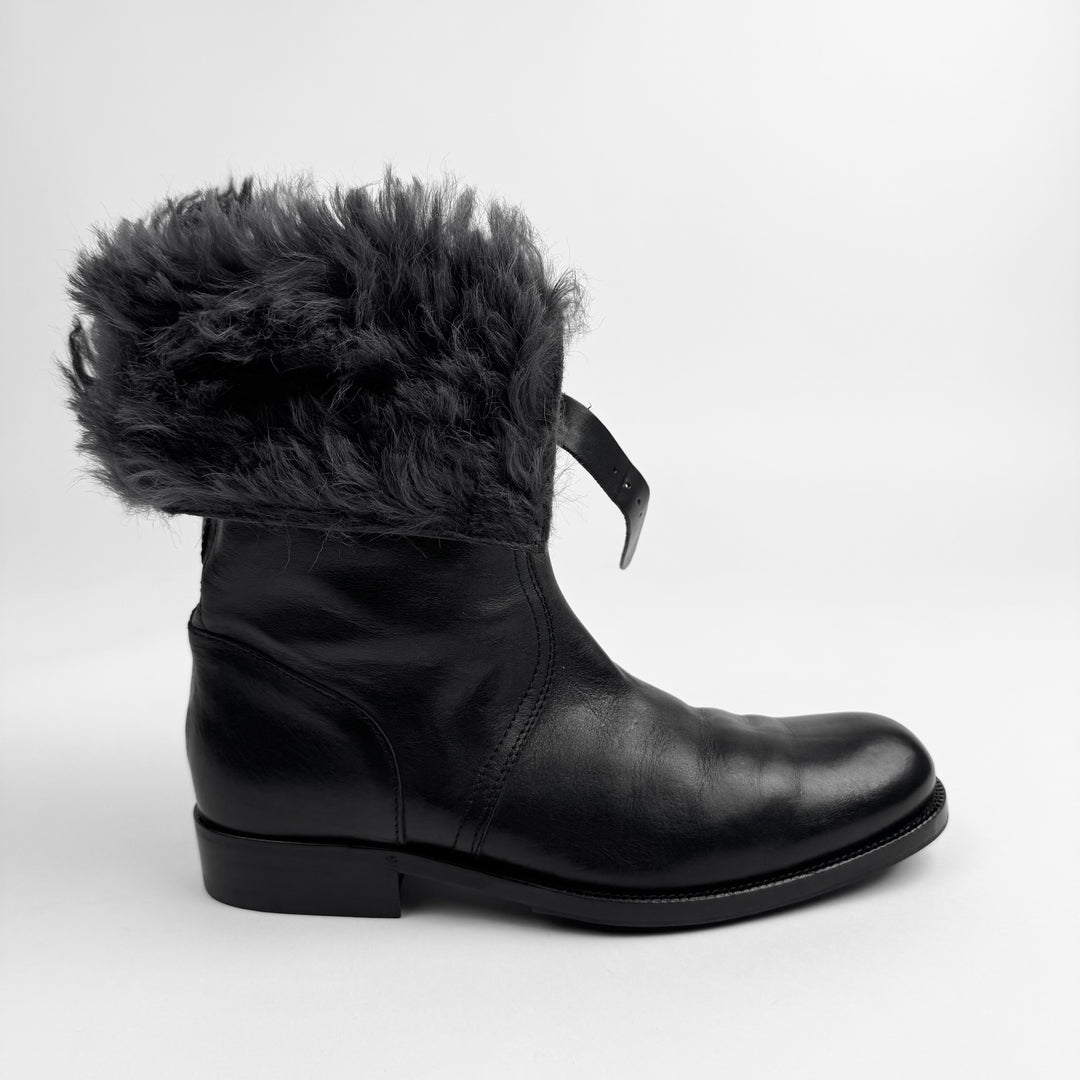Gucci 2000's Black Shearling Leather Biker Boots