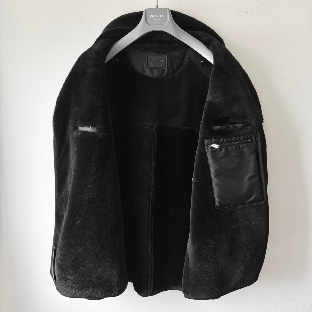 Prada FW2023 Black Lamb Shearling Leather Short Coat