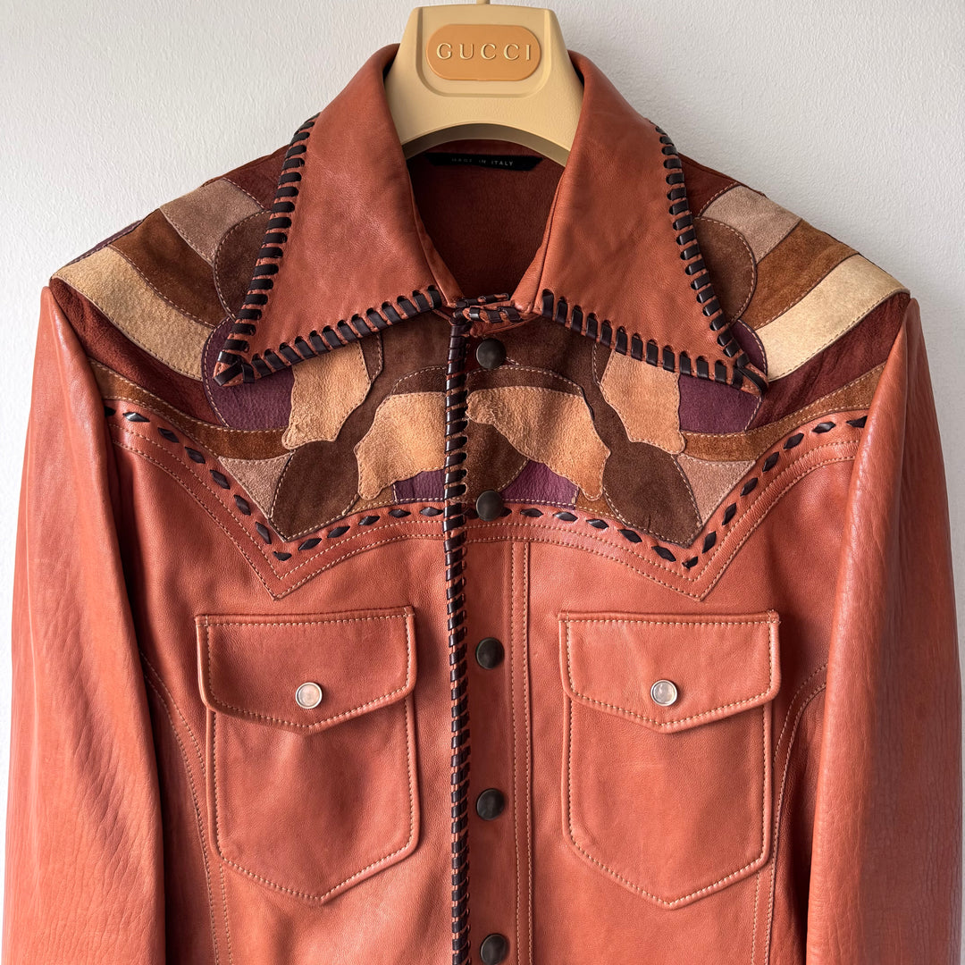 Gucci By Tom Ford SS2004 Brown Butterfly Patchwork Western Leather Jacket