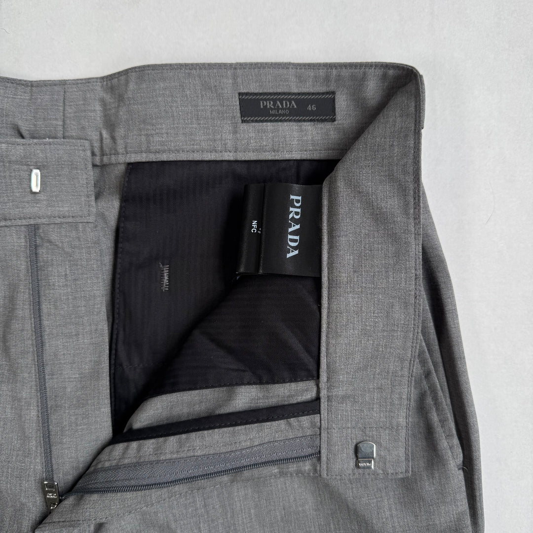Prada 2024 Main-Line Light Gray Wide Fine Wool Pants