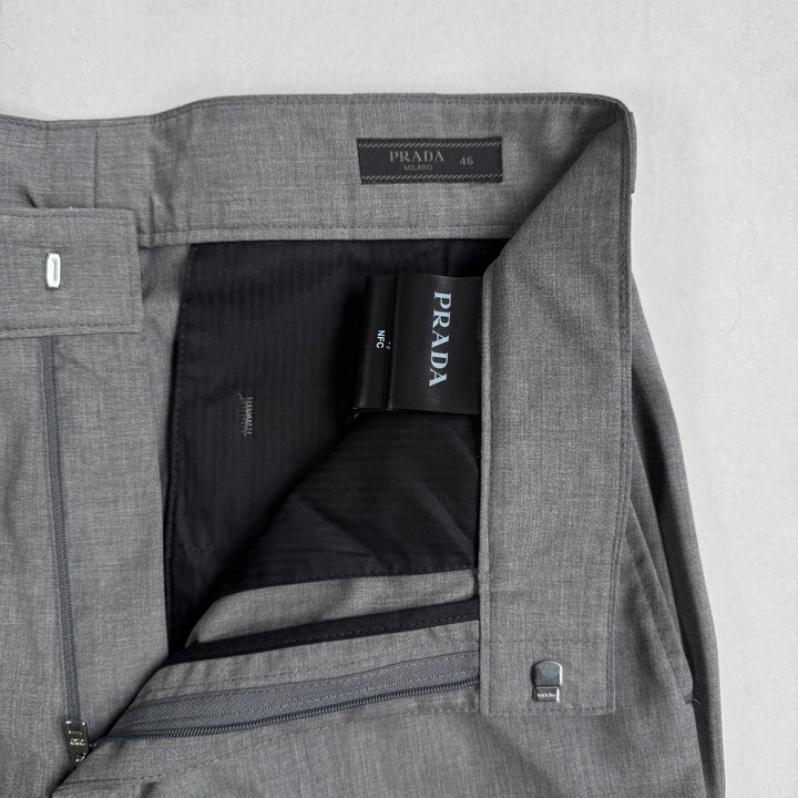 Prada 2024 Main-Line Light Gray Wide Fine Wool Pants