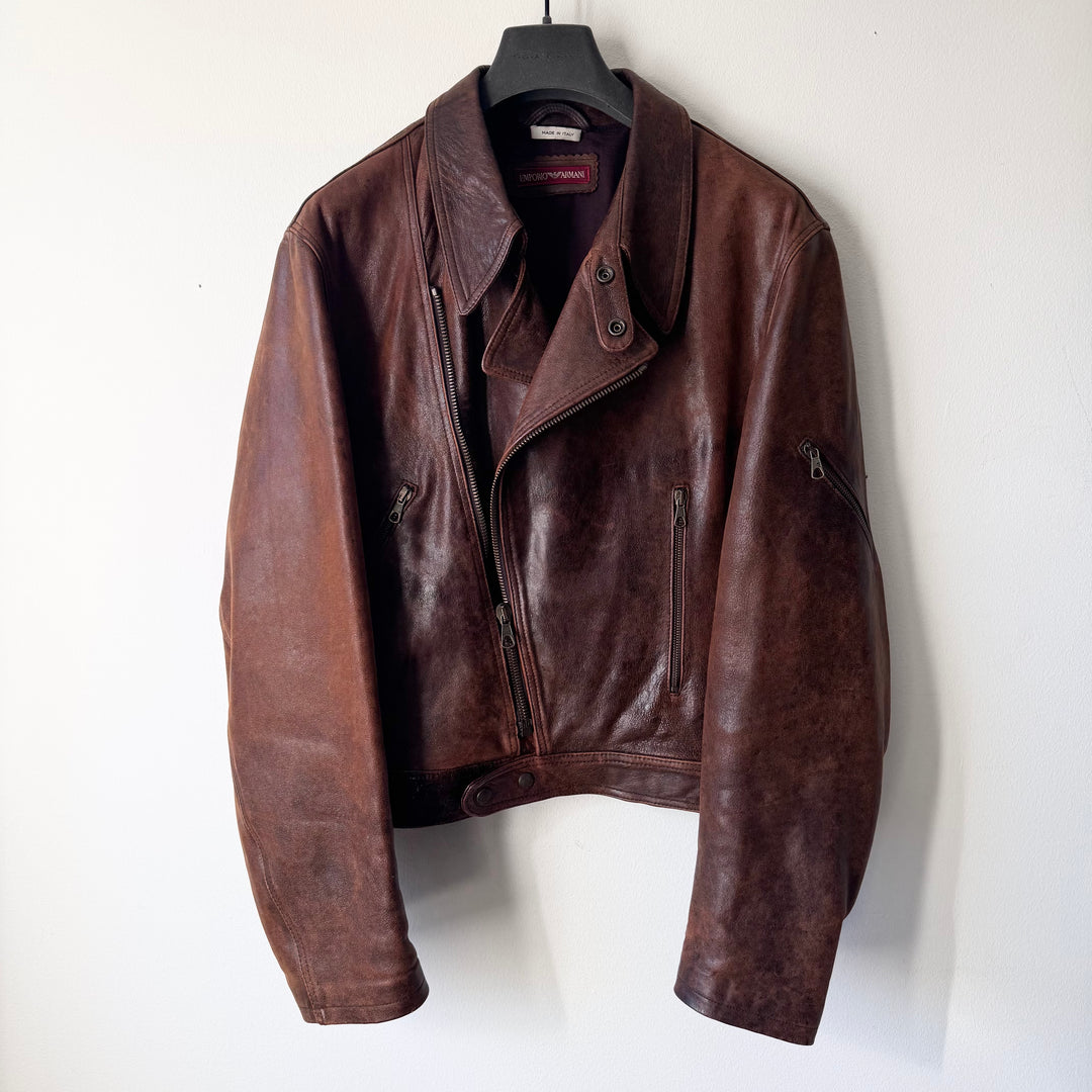 Emporio Armani 1980’s Brown Cracked Leather Perfecto Biker Jacket