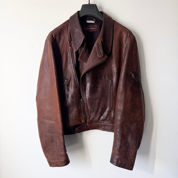 Emporio Armani 1980’s Brown Cracked Leather Perfecto Biker Jacket