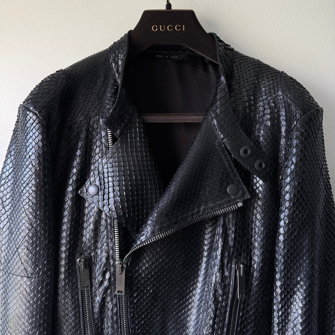 Gucci By Tom Ford 1990’s Black Python Snake Skin Leather Biker Moto Jacket