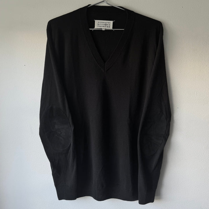 AW2015 Maison Margiela Black Cotton V-Neck Pullover Elbow Patch Knit Sweater