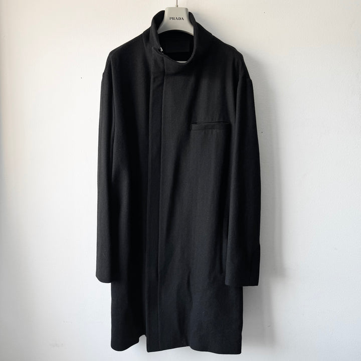 Prada FW1998 Black Asymmetrical Funnel Neck Wool Coat