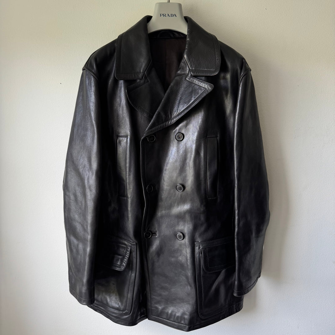 Prada 1990's Black Calf Leather 4-Pocket Double Breasted Peacoat Jacket
