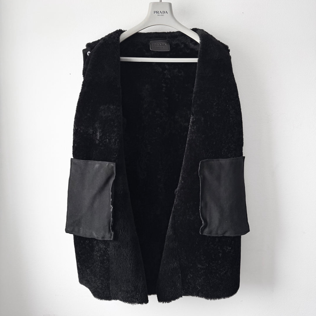 Prada FW2011 Black Sheep Shearling Leather Short Car Coat