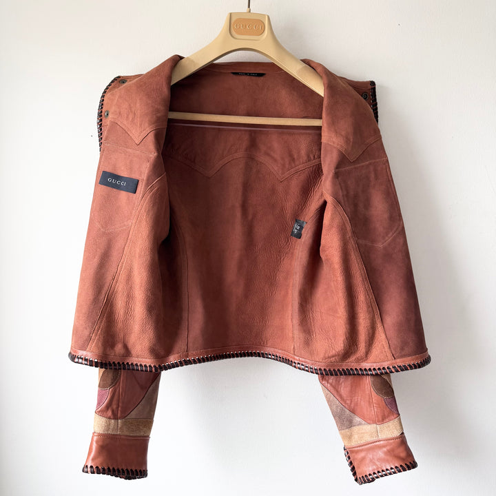 Gucci By Tom Ford SS2004 Brown Butterfly Patchwork Western Leather Jacket