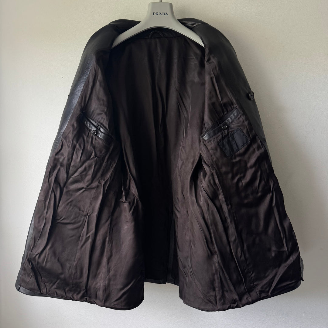 Prada 1990's Black Calf Leather 4-Pocket Double Breasted Peacoat Jacket