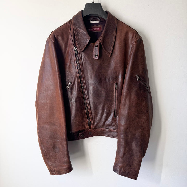 Emporio Armani 1980’s Brown Cracked Leather Perfecto Biker Jacket