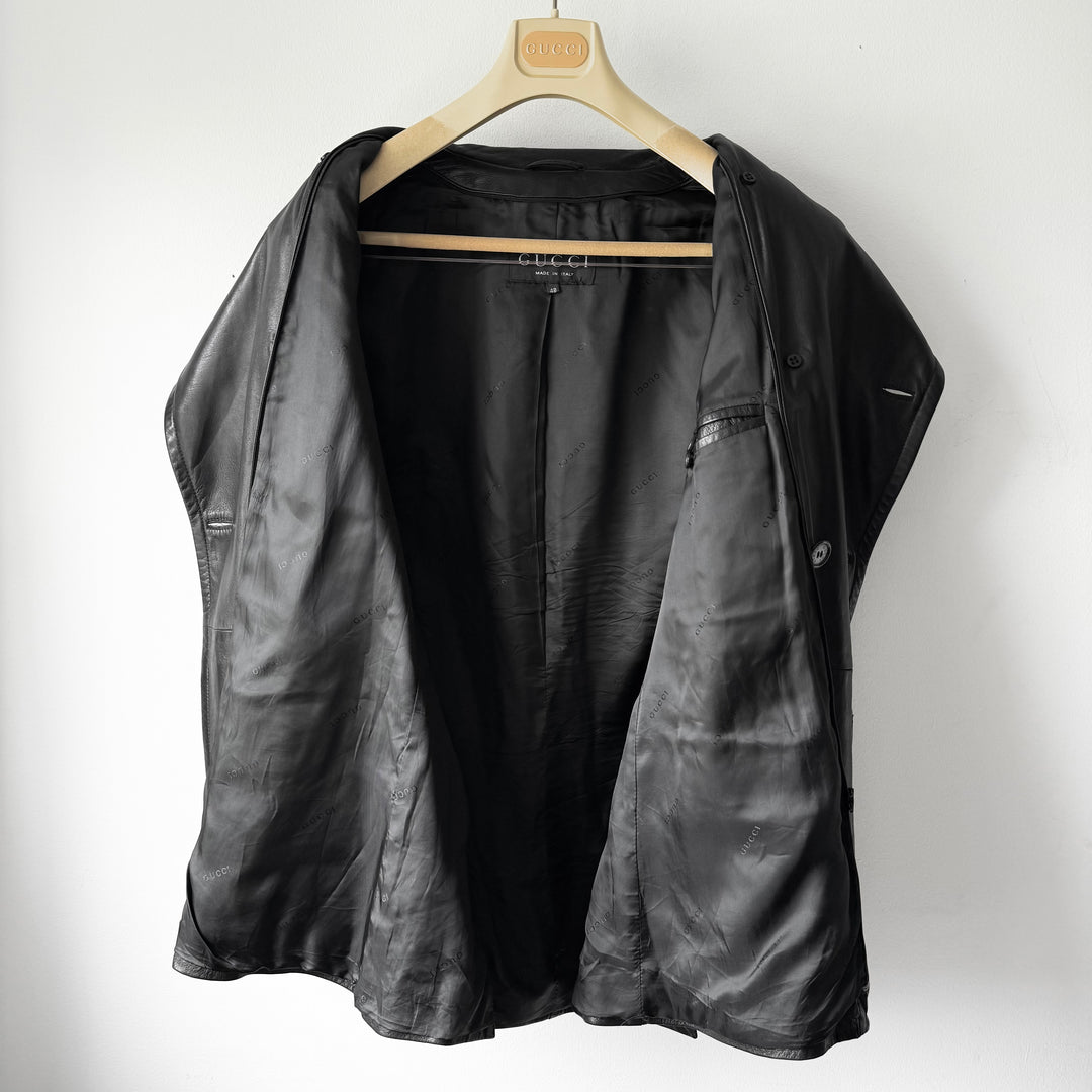 Gucci By Tom Ford FW1996 Black Double Breasted Wool Lined Lamb Leather Peacoat