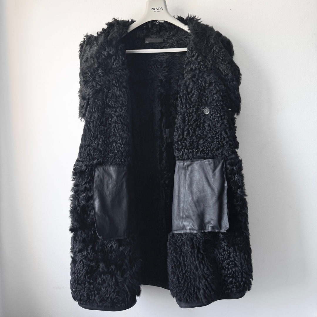 Prada FW2007 Black Double Breasted Long Sheep Shearling Leather Coat
