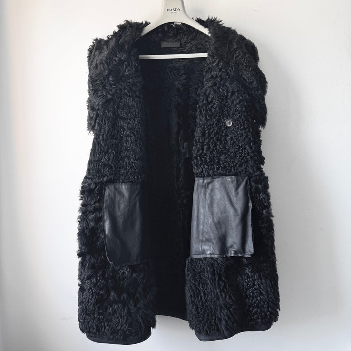 Prada FW2007 Black Double Breasted Long Sheep Shearling Leather Coat