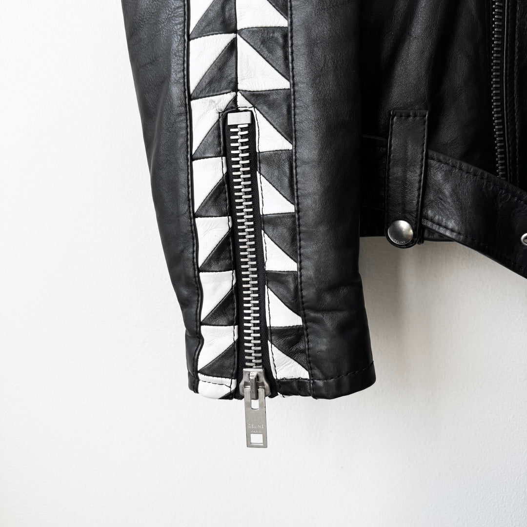 Celine SS2022 Black/White Checkered Calf Leather D-Ring Perfecto Biker Jacket